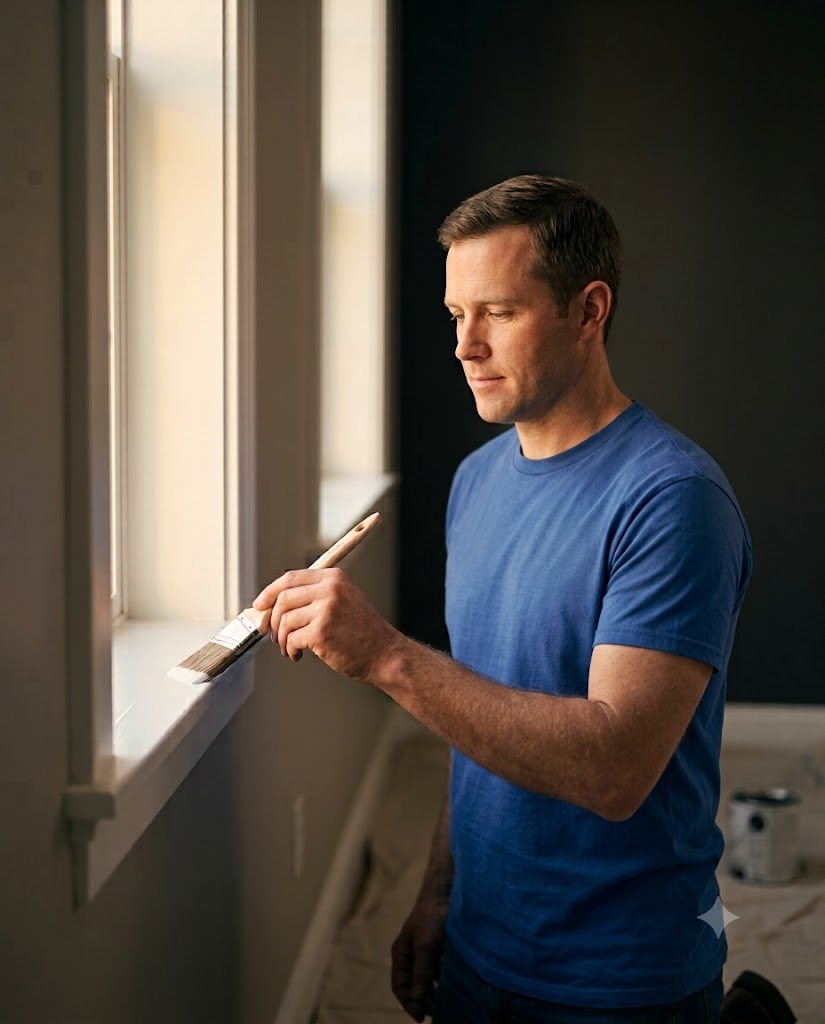 A BGM Painting professional carefully painting crisp white trim in a freshly finished home.