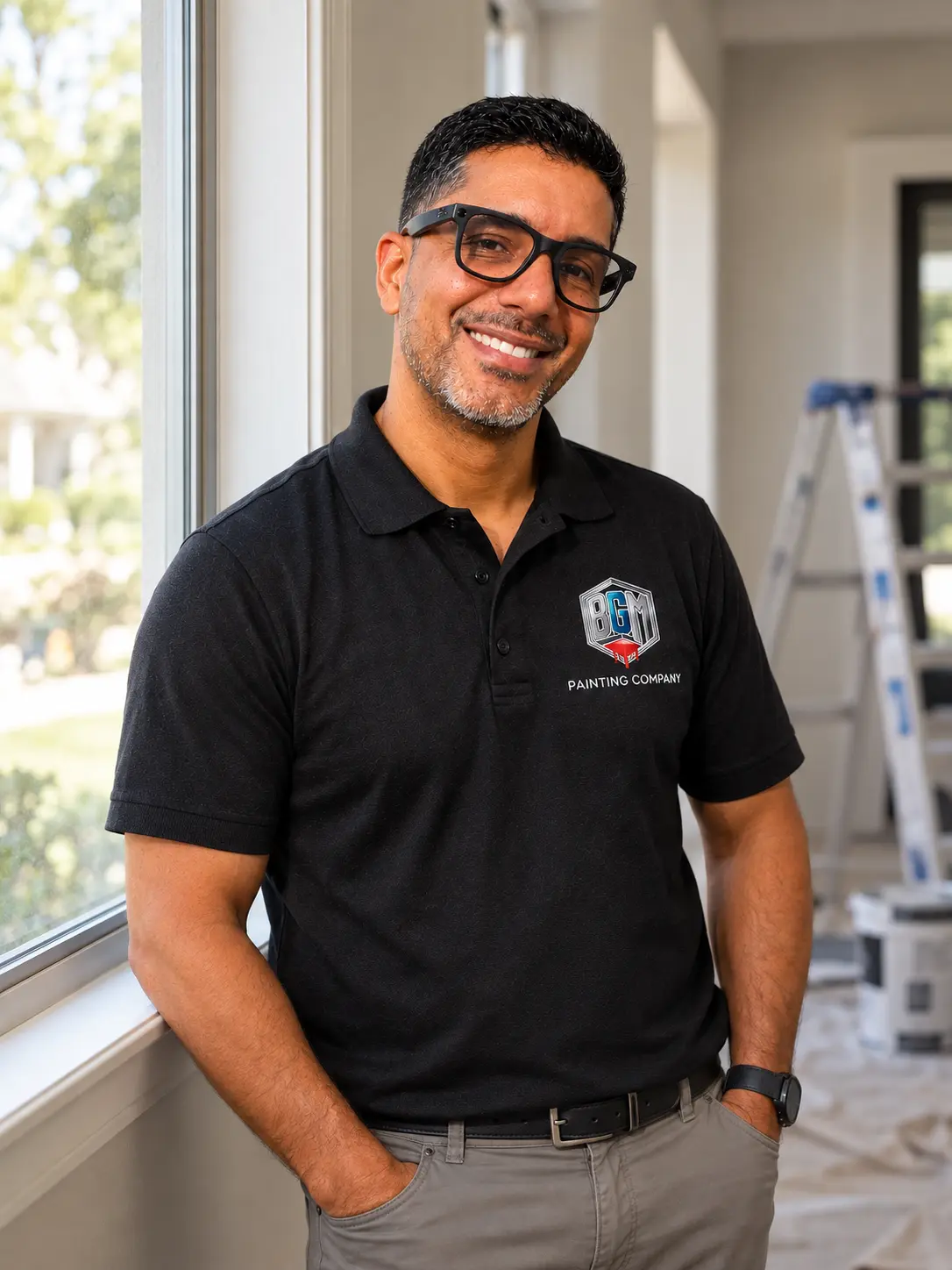 BGM Painting professional wearing a branded shirt at a residential painting project.